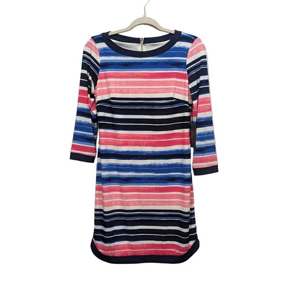 New! Vince Camuto Blue & Pink Horizontal Striped 3/4 Sleeve Shift Dress, 4 - Picture 1 of 10